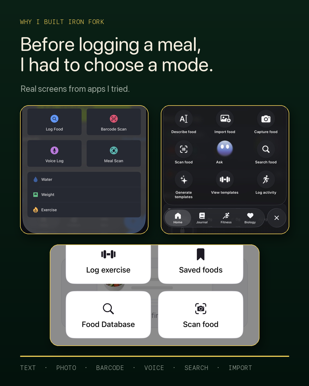 Examples of several different meal-logging modes shown in other apps