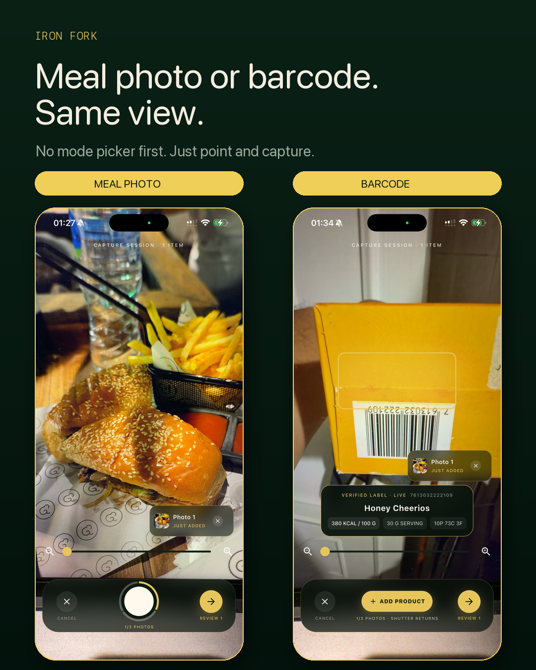 Iron Fork camera showing a meal photo and a barcode in the same capture view