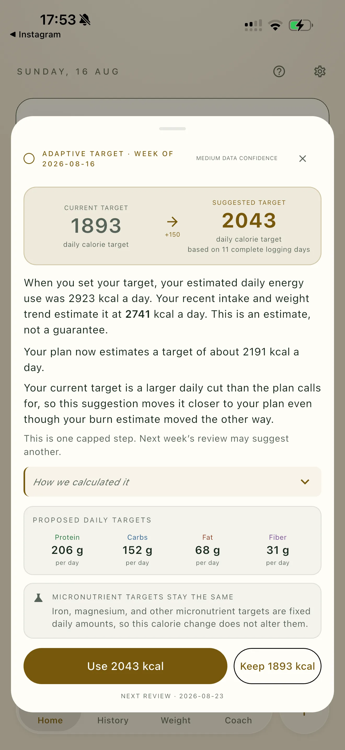 Iron Fork adaptive target review sheet explaining the weekly calorie target change