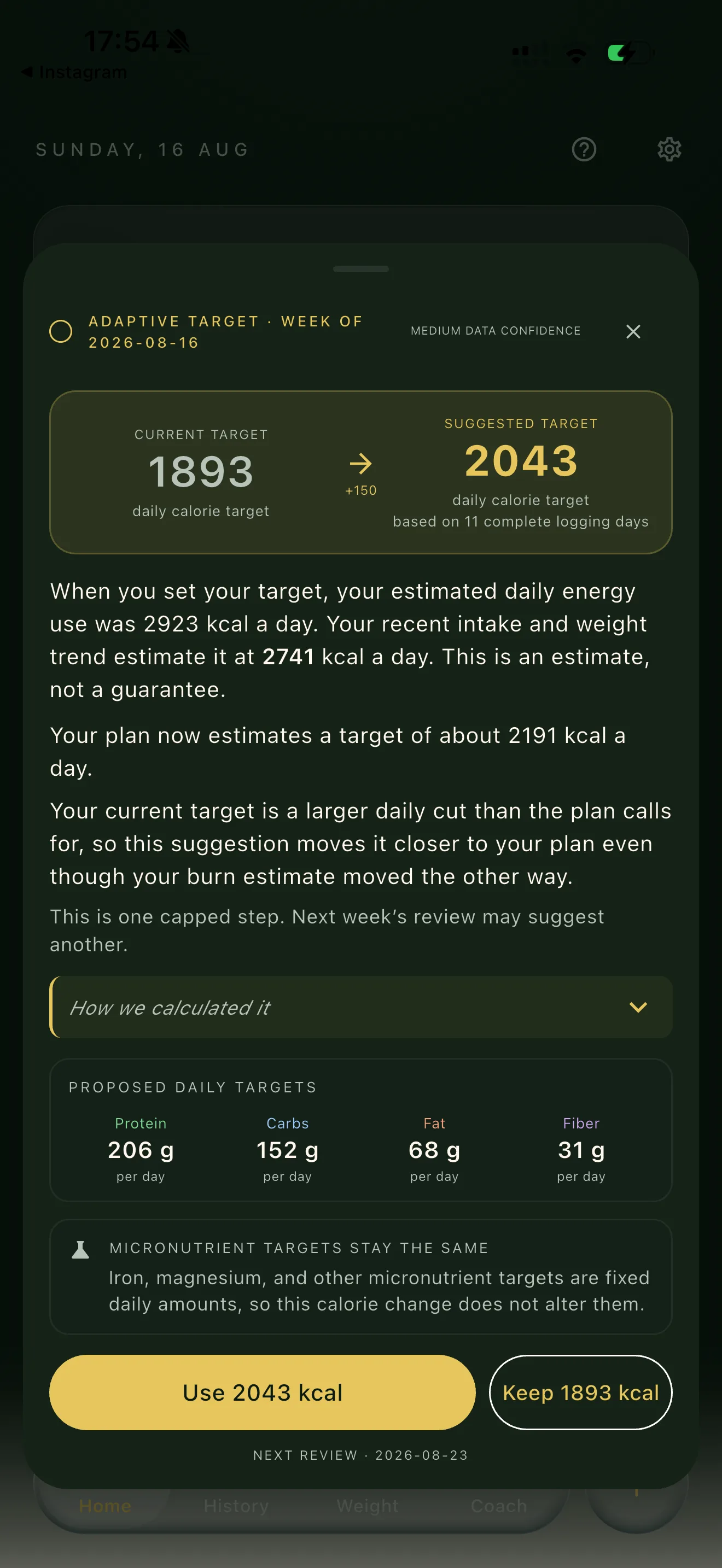 Iron Fork adaptive target review sheet explaining the weekly calorie target change