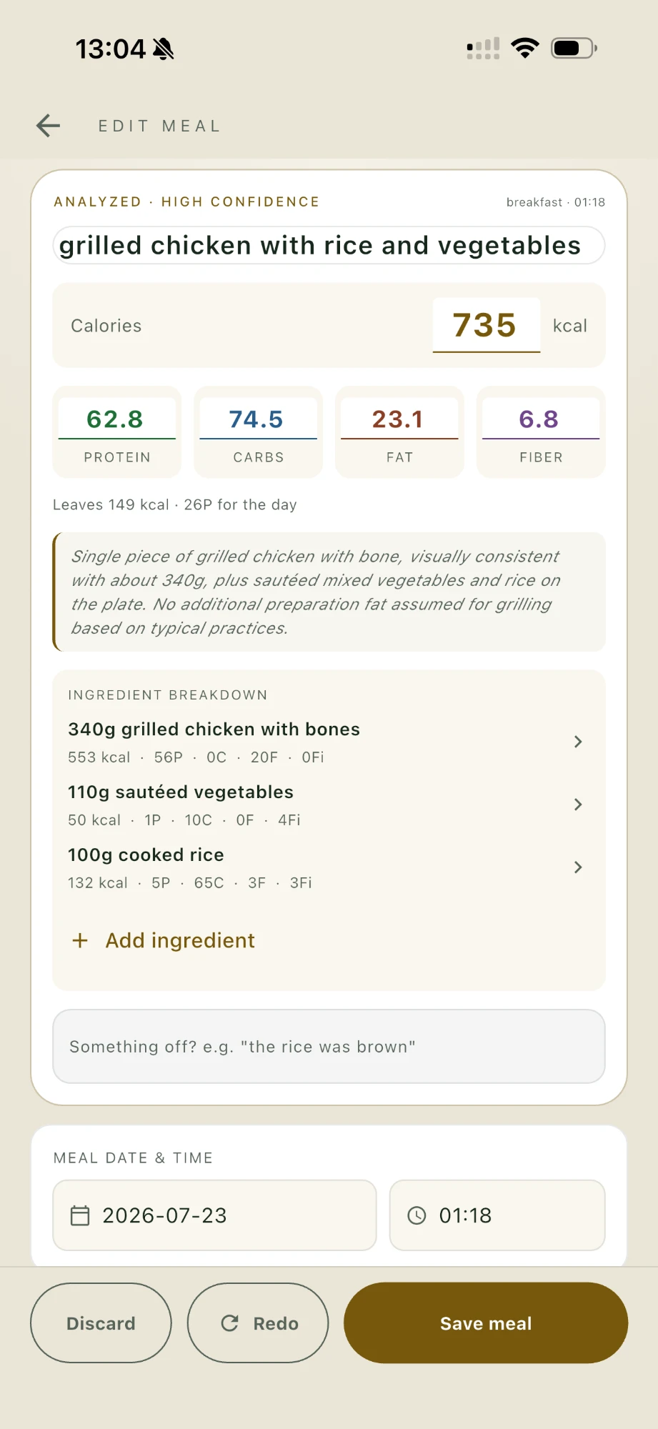 Iron Fork add meal screen with a photo and a full ingredient breakdown of calories and macros