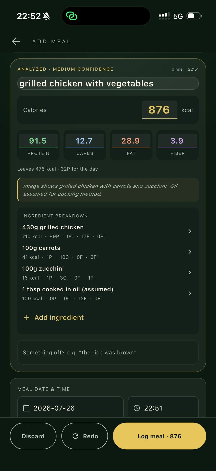 IronFork add meal screen with a photo and a full ingredient breakdown of calories and macros