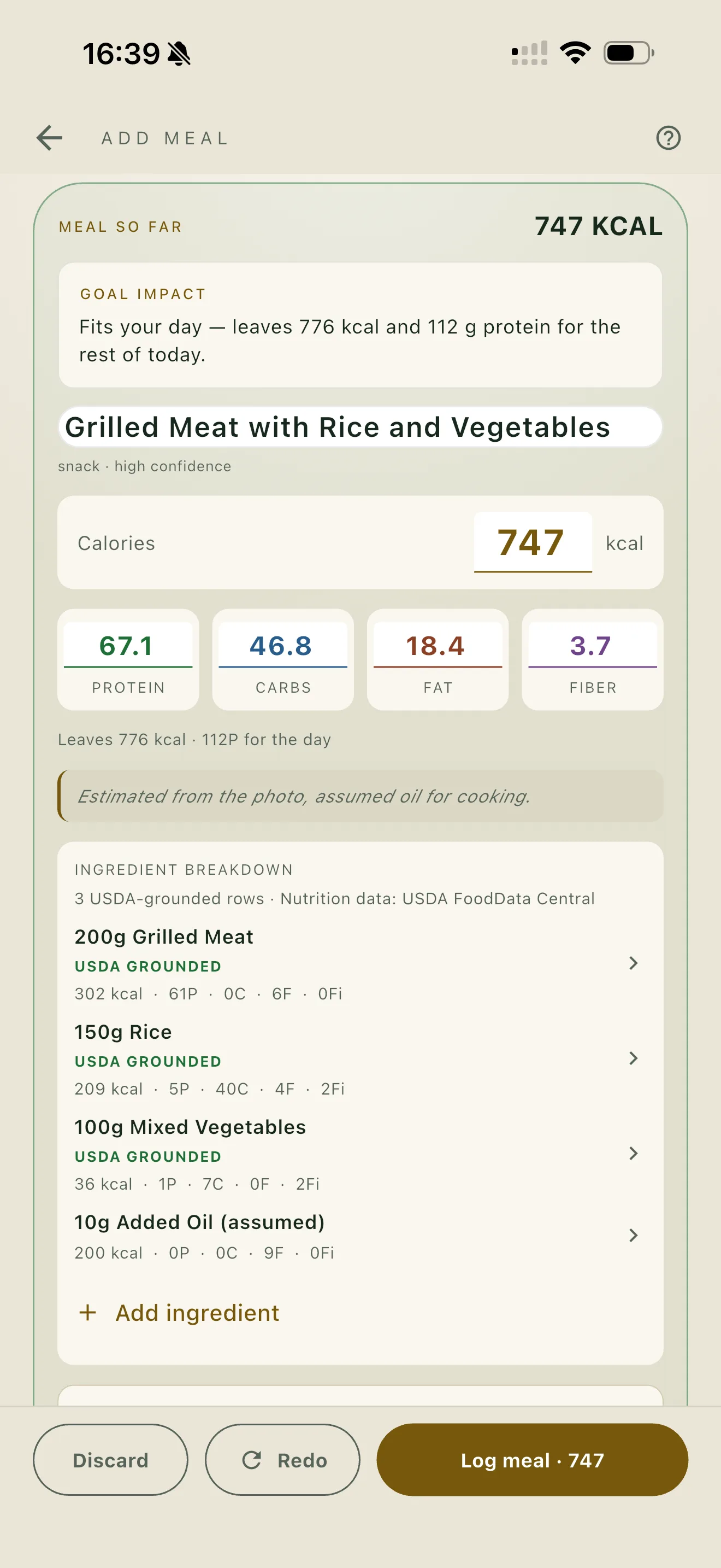 Iron Fork Add Meal analysis result with USDA-grounded ingredient rows and editable nutrition math