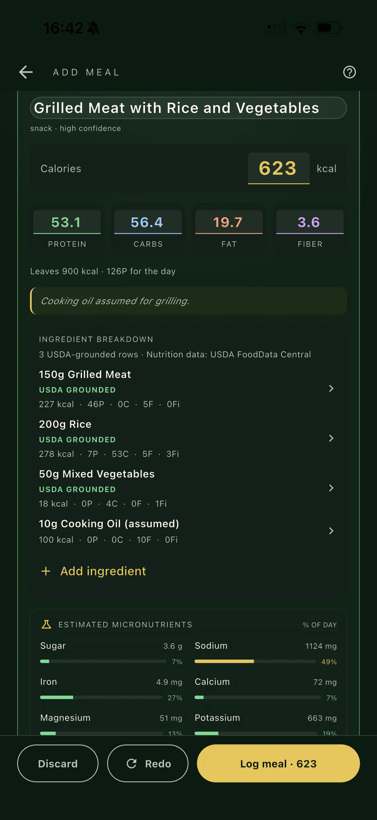 Iron Fork Add Meal analysis result with USDA-grounded ingredient rows and editable nutrition math
