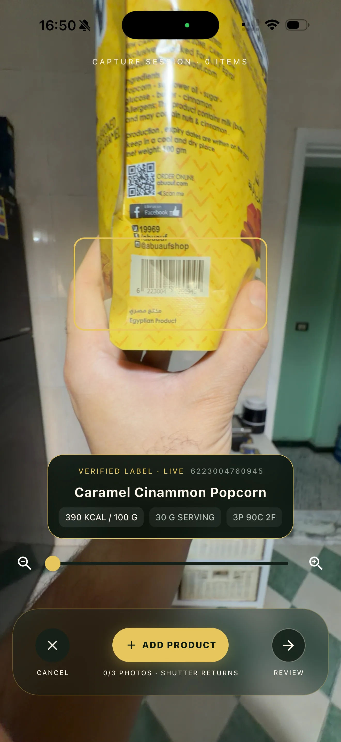 Iron Fork live barcode capture showing a Verified Label product card