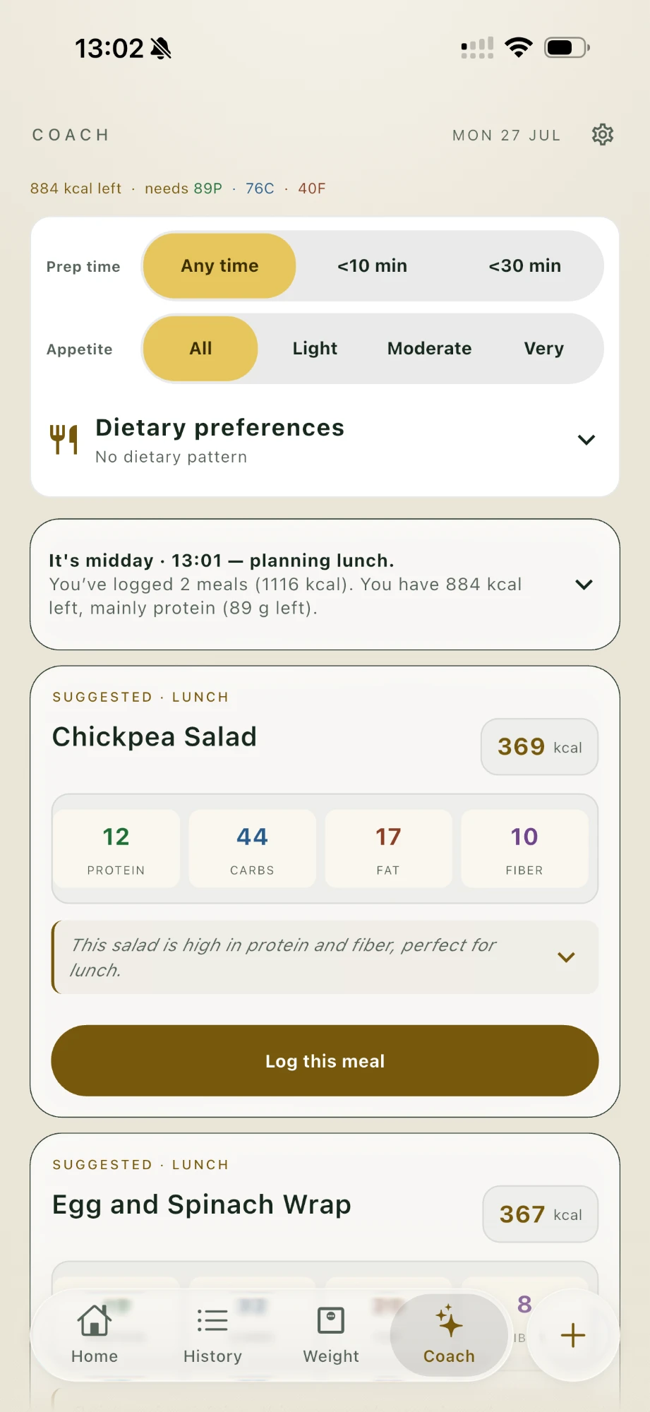 Iron Fork coach screen suggesting a dinner that fits remaining calories and macros