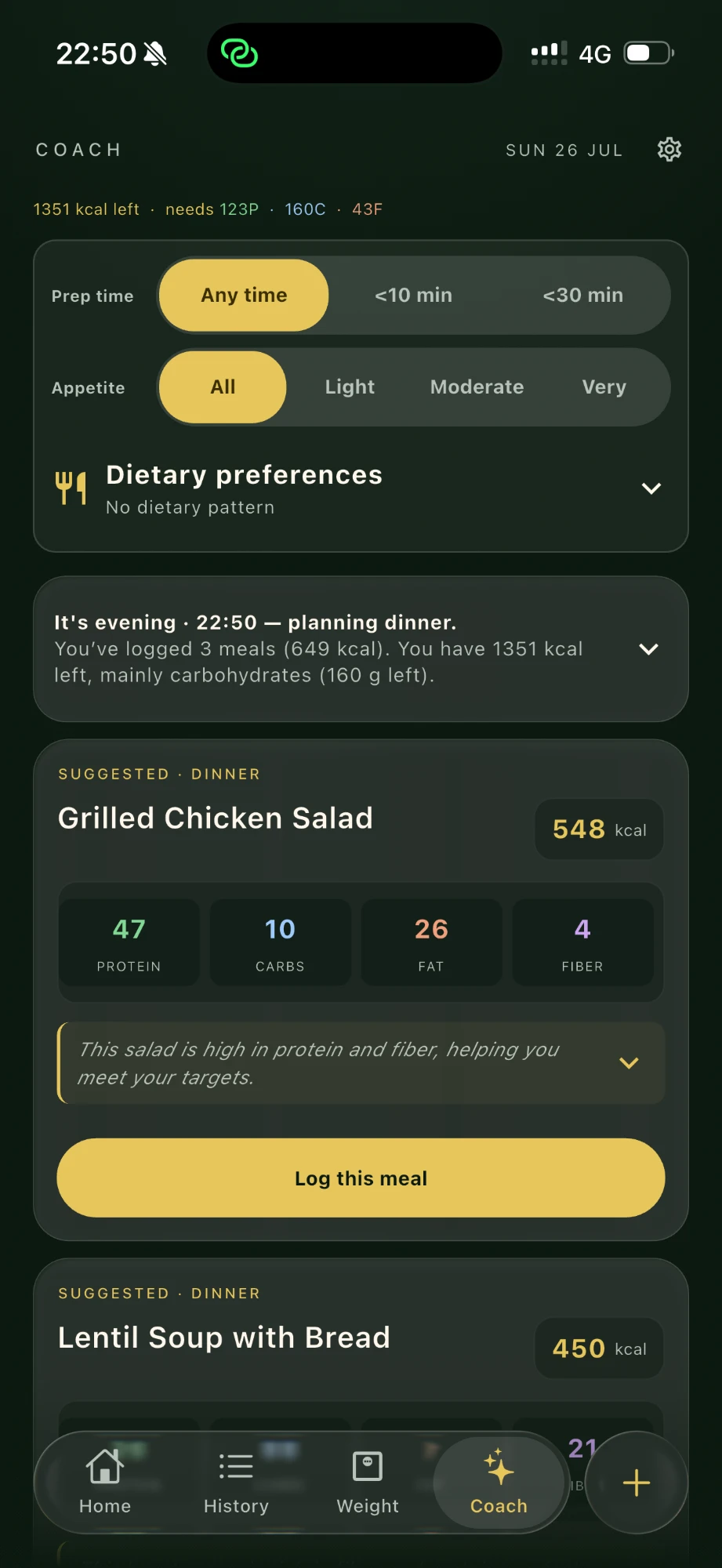 IronFork coach screen suggesting a dinner that fits remaining calories and macros