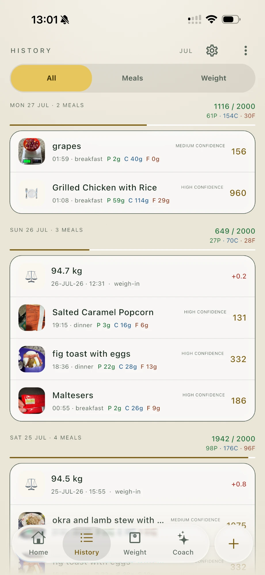 Iron Fork history screen listing meals and weigh-ins by day, with daily calorie and macro totals
