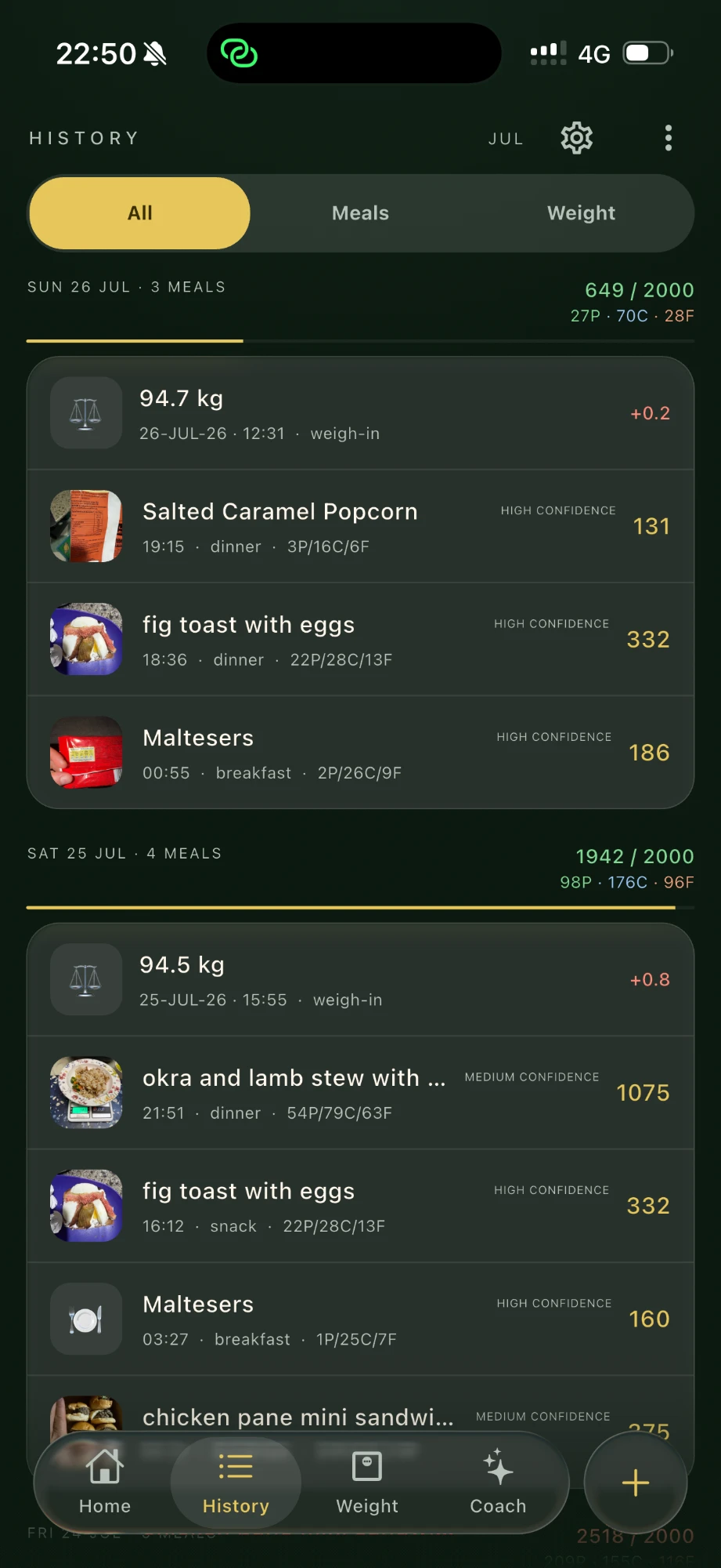 IronFork history screen listing meals and weigh-ins by day, with daily calorie and macro totals