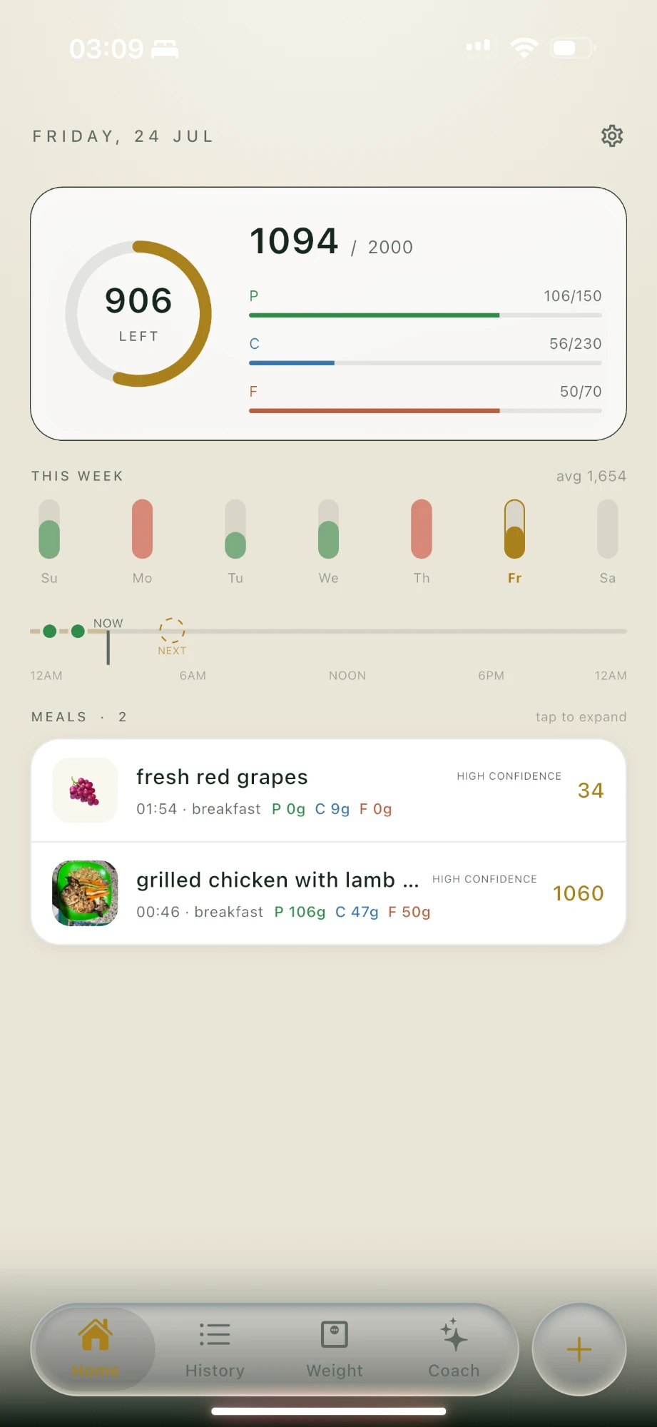 Iron Fork home screen showing today's calories left, macro progress, and logged meals