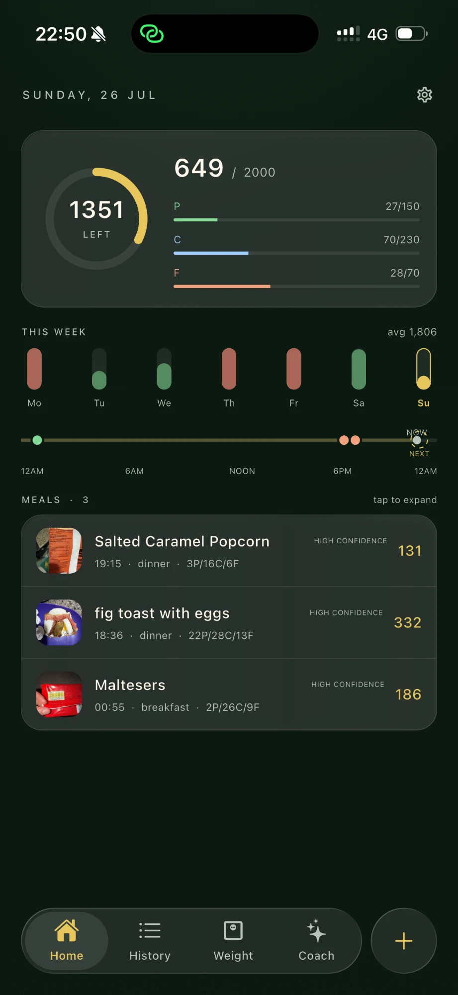 IronFork home screen showing today's calories left, macro progress, and logged meals