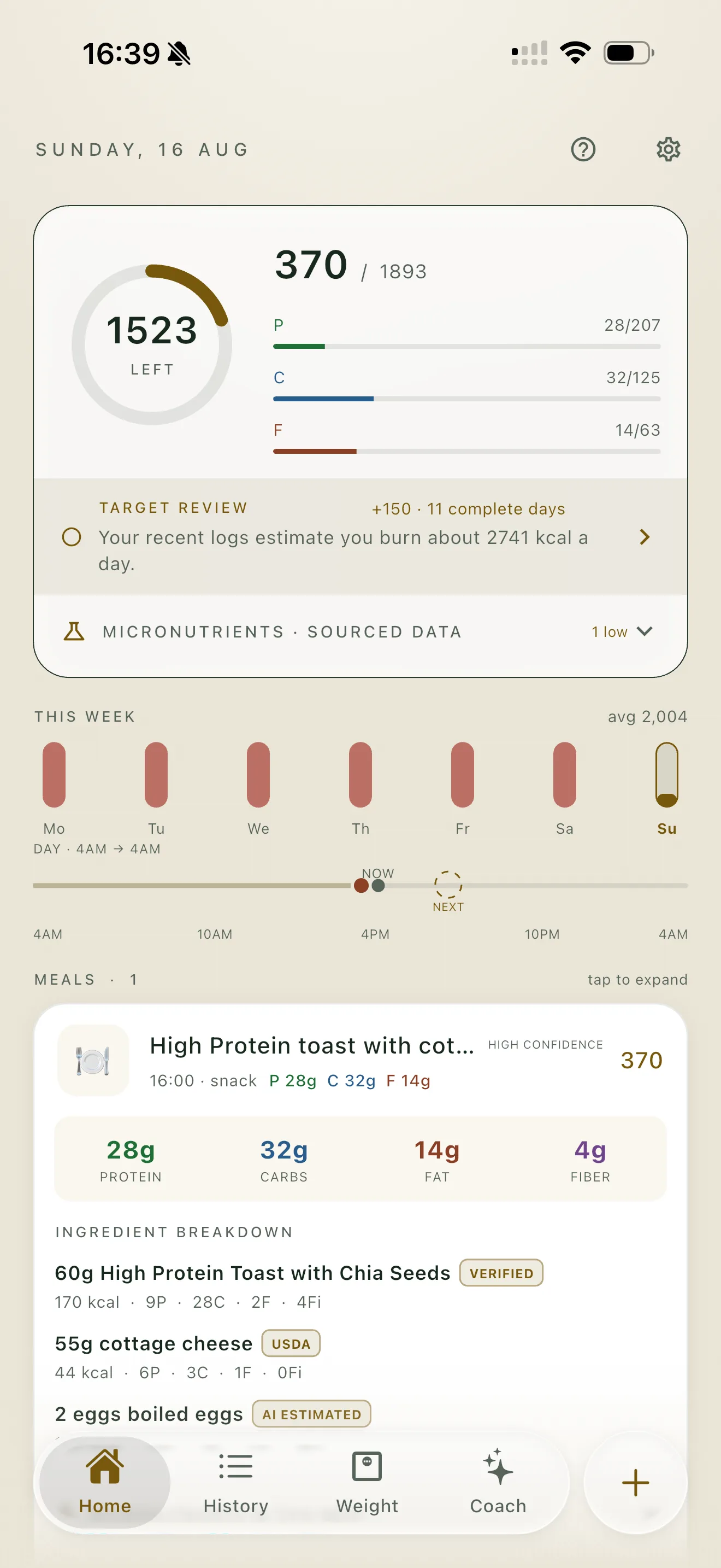 Iron Fork Today screen with an expanded meal card showing ingredient labels for Verified, USDA, and AI Estimated rows