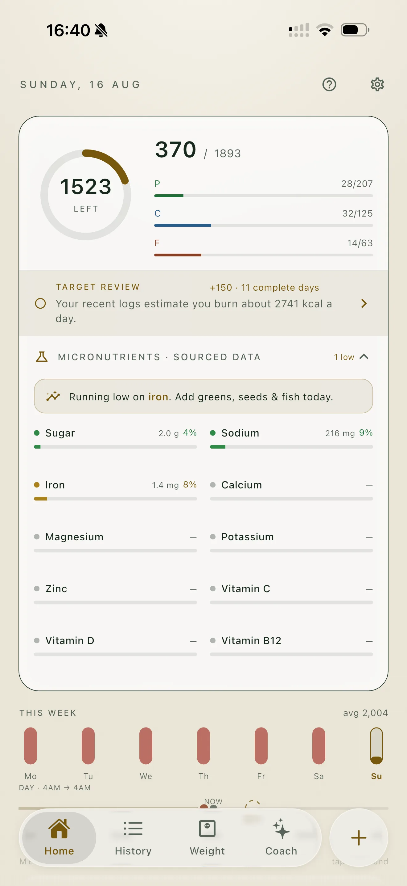 Iron Fork micronutrients panel showing sourced vitamin and mineral coverage with an insight